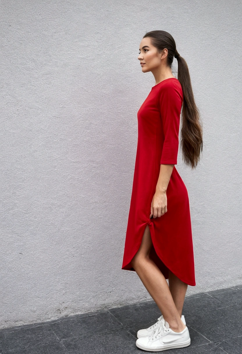 long hair woman,Ponytail, Wear a red dress with three quarter sleeves., white sneakers