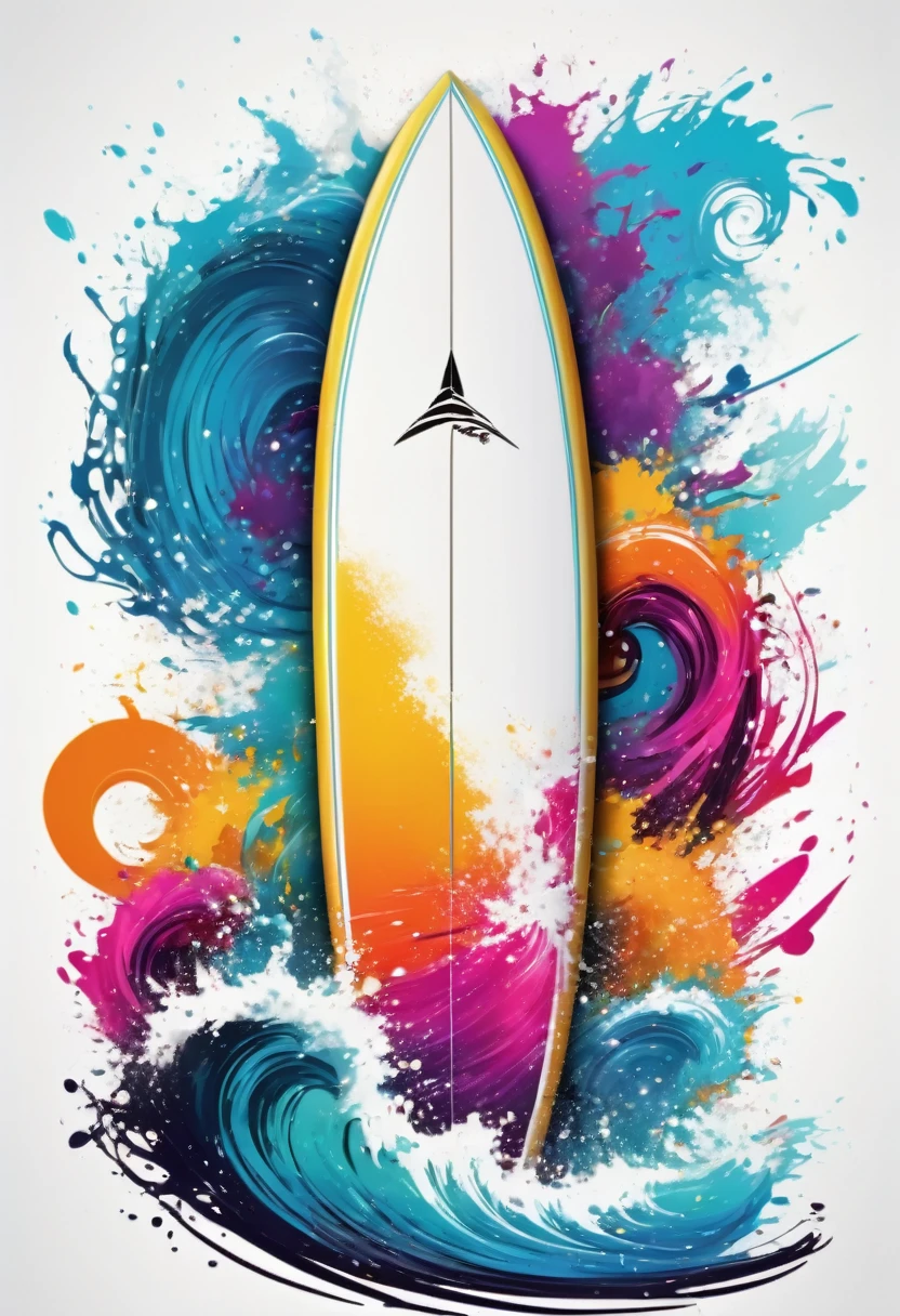 vectorial art, Colorful illustration with a surfboard, At the center, swirly vibrant colors, paint splashes and smears, high détail,White background
