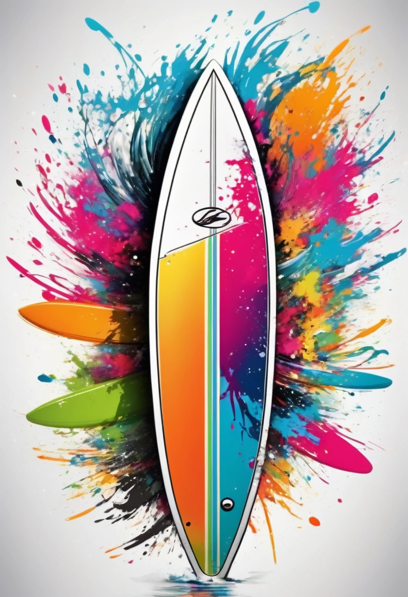vectorial art, Colorful illustration with a surfboard, At the center, swirly vibrant colors, paint splashes and smears, high détail,White background