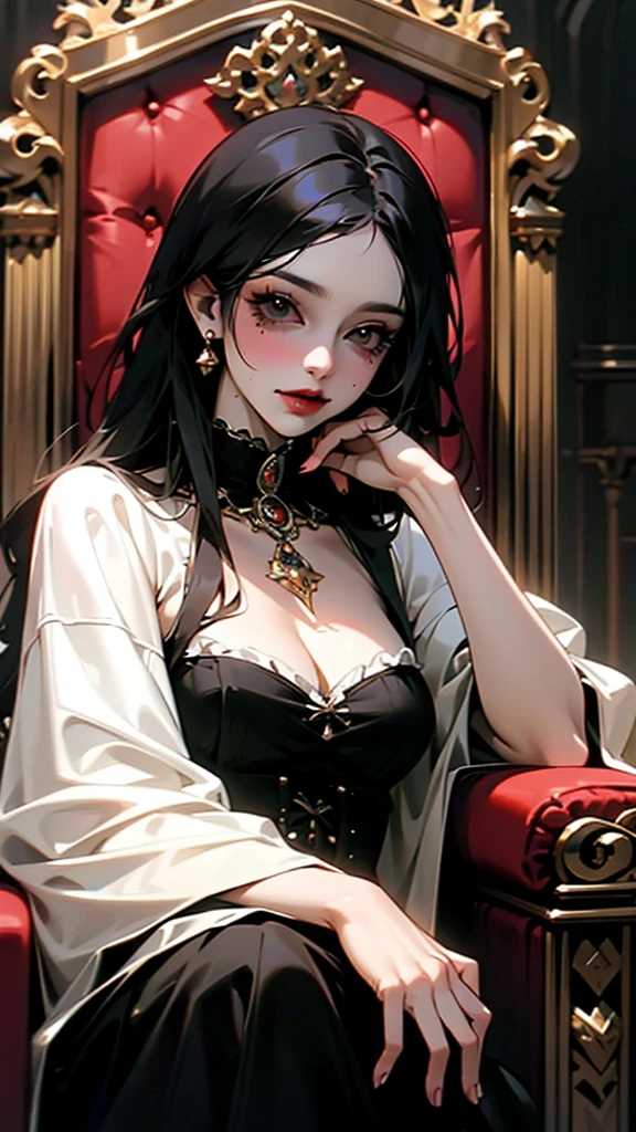 A beautiful mature milf woman with long black hair and black eyes wearing a gothic outfit and sitting on a throne with a seductive simrk on her lips