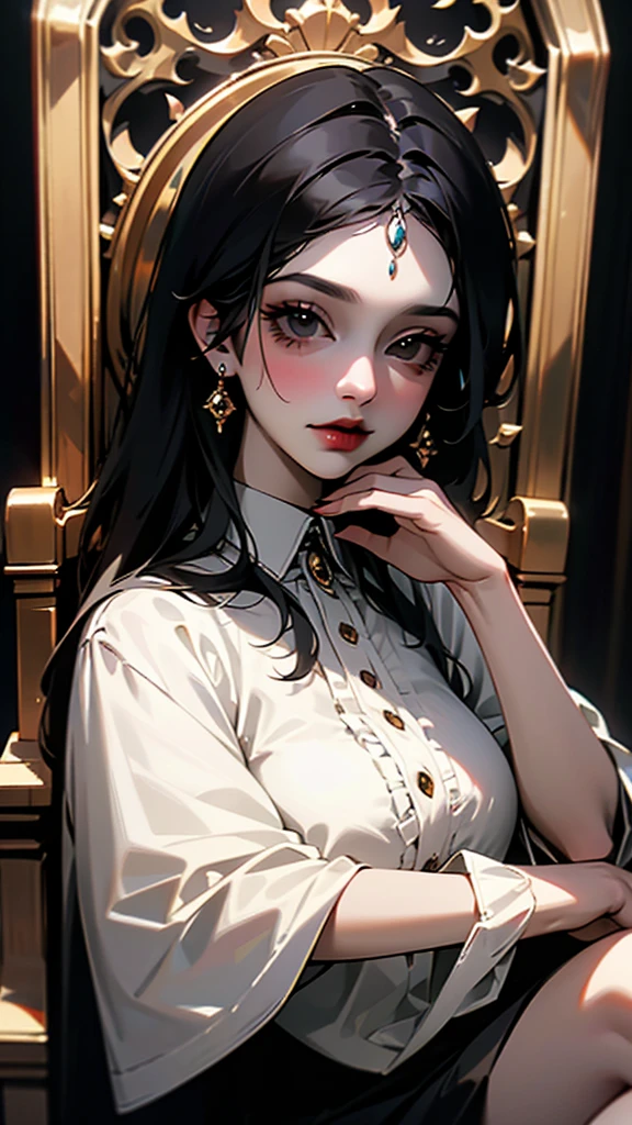 A beautiful mature milf woman with long black hair and black eyes wearing a gothic outfit and sitting on a throne with a seductive simrk on her lips
