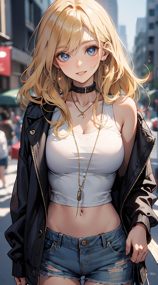 (masterpiece:1.2), best quality, Pixif, Cool Girl, brilliant, Blonde hair, street, shorts, Large Breasts