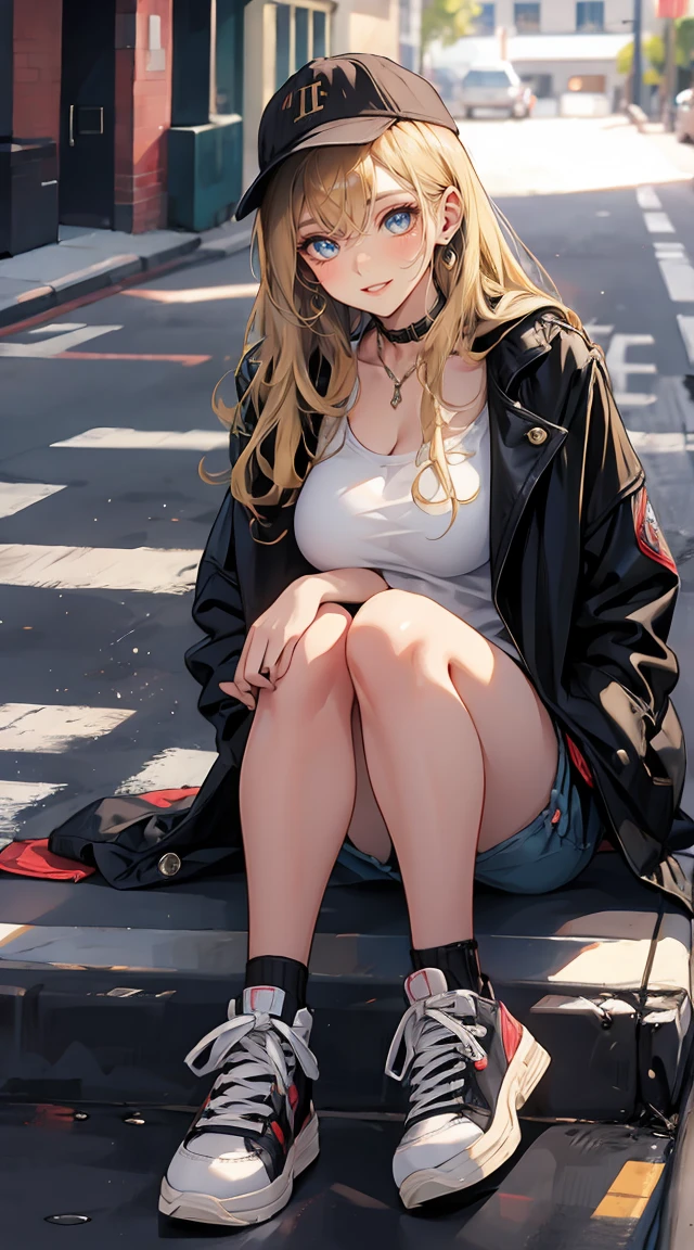 (masterpiece:1.2), best quality, Pixif, Cool Girl, brilliant, Blonde hair, street, shorts, Large Breasts
