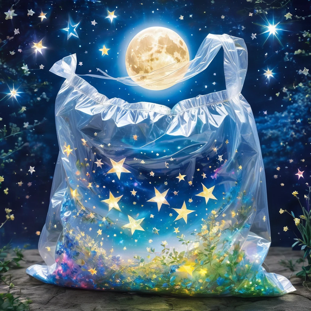 (masterpiece, best quality:1.2),Put the stars and the moon in a plastic bag,Luminescence