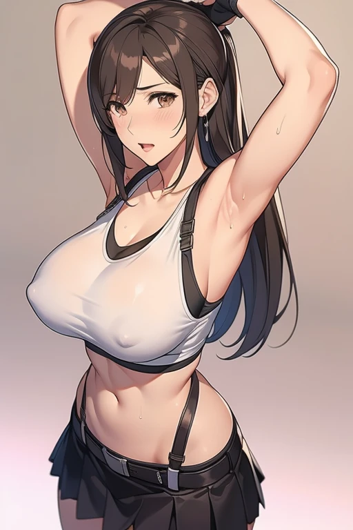 masterpiece,{{{{{Tifa:1.9}}}}},Black Skirt, A thin white tank top that shows your belly button suspenders, Brown hair Gray eyes, 脚にガーターbelt, Tight clothing, belt Armpit sweat blush:1.5 Big ample breasts shortcut {{{{{Both arms were tied behind the body:1.9}}}}}