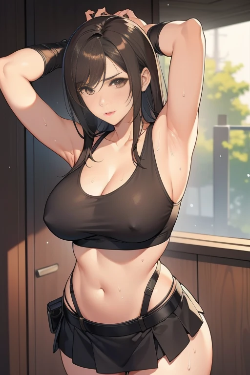 masterpiece,{{{{{Tifa:1.9}}}}},Black Skirt, A thin white tank top that shows your belly button suspenders, Brown hair Gray eyes, 脚にガーターbelt, Tight clothing, belt Armpit sweat blush:1.5 Big ample breasts shortcut {{{{{Both arms were tied behind the body:1.9}}}}}