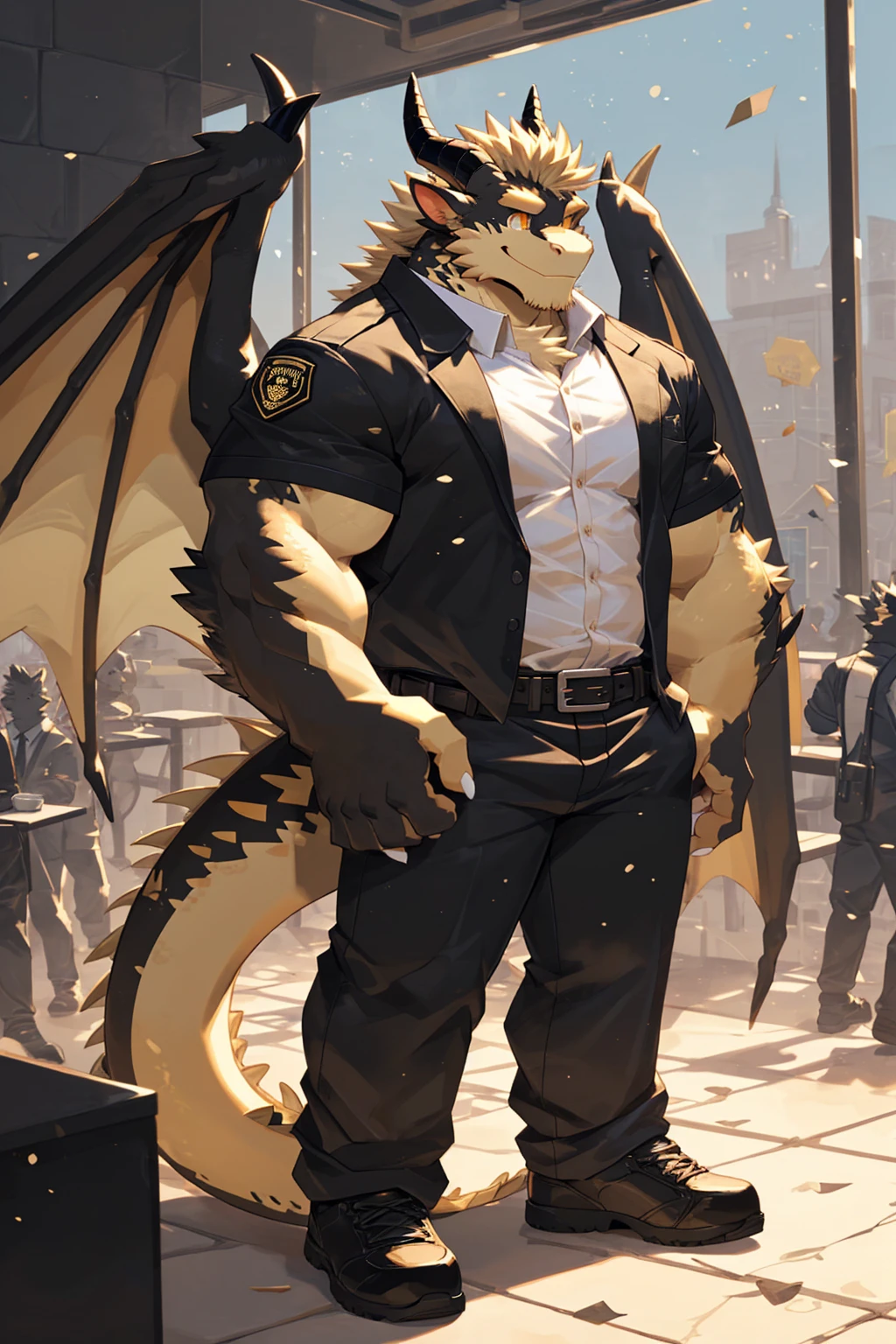 (sfw:1.5), male focus, security guard, Handsome 1boy, solitary，protrait photo, single, (White nails, White Paws:1.4), (Light blond hair:1.5), (Black and gold dragon wings, Huge black and gold dragon wings:1.3), Black and gold skin, (Black and gold tail:1.4), (Black horn, Black curved corners:1.4), (Black body:1.3), (All black:1.4), (Pale blond chin, Pale golden neck:1.4), Pale golden chest, Light blond chest hair, (perfect golden eyes:1.4), (Black scales:1.3), (Black Hands, Black Hands臂, Black Hands指, Black head:1.4), 
Western Dragon, dragon, dragon boy, dragon body, feet, (big eyes, large eyes:1.4), (Chubby face, The body is huge, Larger face:1.3), 
(Black short sleeve, White short-sleeved shirt, Black pants, Black short shoes, Black leather belt:1.4), 
(full body:1.3), (Mature men:1.4), (Strong body, muscle,Strong male:1.3), (Thick arms:1.3), (Standing:1.4), (Looking at the audience, Focus, Eyes gaze:1.2), (Smile:1.4), 
full background,ground, Blue sky, White Cloud, ground, School, School大门, security guard亭,
, Mysterious and romantic atmosphere, Caustic lines(refraction, polarization)Perfect anatomical structure, absurd, Detailed background, (Delicate eyes:1.3),Printing style。((artist:Takemoto Arashi))