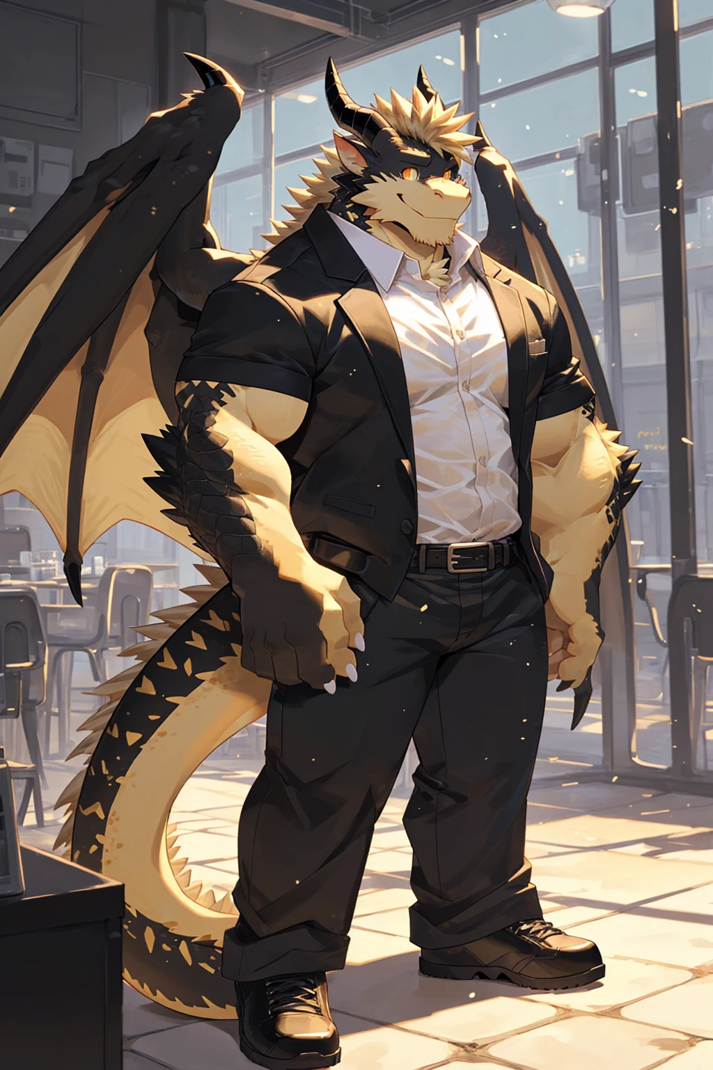 (sfw:1.5), male focus, security guard, Handsome 1boy, solitary，protrait photo, single, (White nails, White Paws:1.4), (Light blond hair:1.5), (Black and gold dragon wings, Huge black and gold dragon wings:1.3), Black and gold skin, (Black and gold tail:1.4), (Black horn, Black curved corners:1.4), (Black body:1.3), (All black:1.4), (Pale blond chin, Pale golden neck:1.4), Pale golden chest, Light blond chest hair, (perfect golden eyes:1.4), (Black scales:1.3), (Black Hands, Black Hands臂, Black Hands指, Black head:1.4), 
Western Dragon, dragon, dragon boy, dragon body, feet, (big eyes, large eyes:1.4), (Chubby face, The body is huge, Larger face:1.3), 
(Black short sleeve, White short-sleeved shirt, Black pants, Black short shoes, Black leather belt:1.4), 
(full body:1.3), (Mature men:1.4), (Strong body, muscle,Strong male:1.3), (Thick arms:1.3), (Standing:1.4), (Looking at the audience, Focus, Eyes gaze:1.2), (Smile:1.4), 
full background,ground, Blue sky, White Cloud, ground, School, School大门, security guard亭,
, Mysterious and romantic atmosphere, Caustic lines(refraction, polarization)Perfect anatomical structure, absurd, Detailed background, (Delicate eyes:1.3),Printing style。((artist:Takemoto Arashi))