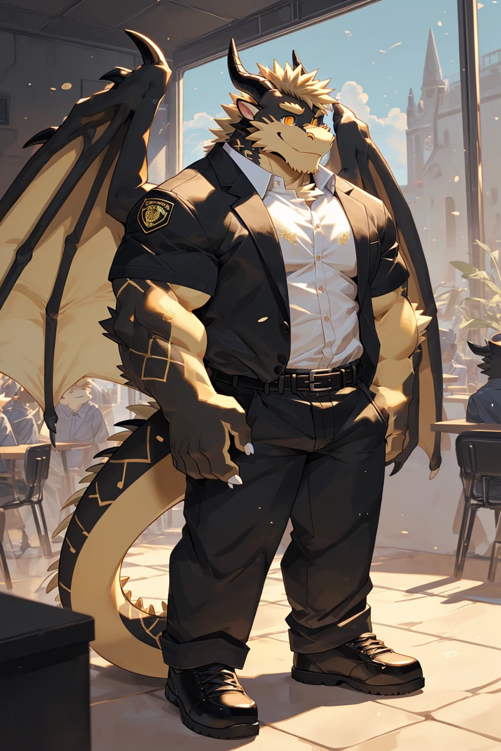 (sfw:1.5), male focus, security guard, Handsome 1boy, solitary,protrait photo, single, (White nails, White Paws:1.4), (Light blond hair:1.5), (Black and gold dragon wings, Huge black and gold dragon wings:1.3), Black and gold skin, (Black and gold tail:1.4), (Black horn, Black curved corners:1.4), (Black body:1.3), (All black:1.4), (Pale blond chin, Pale golden neck:1.4), Pale golden chest, Light blond chest hair, (perfect golden eyes:1.4), (Black scales:1.3), (Black Hands, Black Hands臂, Black Hands指, Black head:1.4),
Western Dragon, dragon, dragon boy, dragon body, feet, (big eyes, large eyes:1.4), (Chubby face, The body is huge, Larger face:1.3),
(Black short sleeve, White short-sleeved shirt, Black pants, Black short shoes, Black leather belt:1.4),
(full body:1.3), (Mature men:1.4), (Strong body, muscle,Strong male:1.3), (Thick arms:1.3), (Standing:1.4), (Looking at the audience, Focus, Eyes gaze:1.2), (Smile:1.4),
full background,ground, Blue sky, White Cloud, ground, School, School大门, security guard亭,
, Mysterious and romantic atmosphere, Caustic lines(refraction, polarization)Perfect anatomical structure, absurd, Detailed background, (Delicate eyes:1.3),Printing style。((artist:Takemoto Arashi))