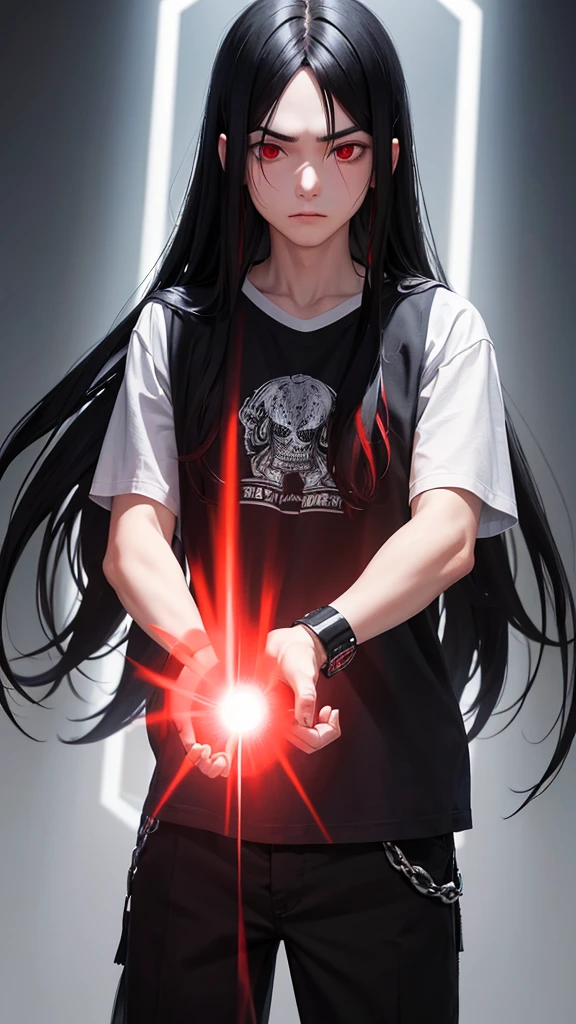 A young man with long black hair clenched a fist in one hand、A red aura emanates from the whole body.、Staring at me with hostile eyes, dressed like punk rock