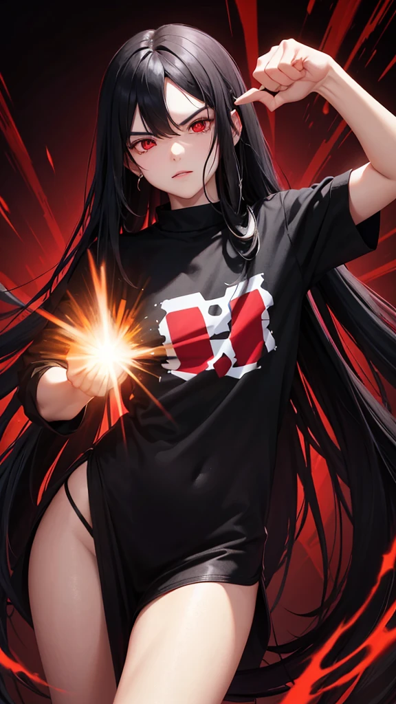 A young man with long black hair clenched a fist in one hand、A red aura emanates from the whole body.、Staring at me with hostile eyes, dressed like punk rock