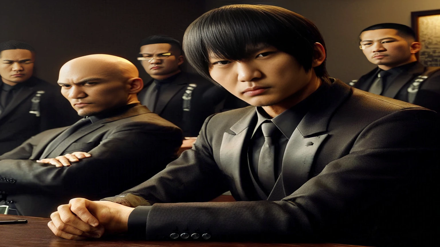 Yakuza with a side bangs, wearing a black suit, sitting with his friend, a bald yakuza in a black suit, the two of them are sitting in a meeting room, their four bodyguards are standing behind them wearing black suits, the background is a yakuza meeting room with brown walls , black tables, and yakuza-style decorations, cinematic, realistic, detailed face, very detailed, 4k