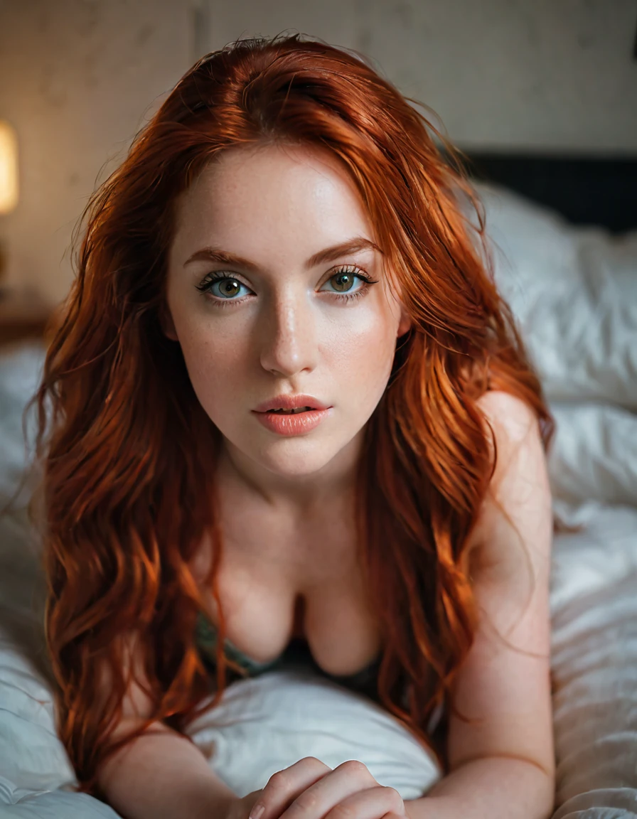 ultra realistic, photography, long red hair, girl, 24 years old, beautiful detailed woman, intricate and detailed face, long lush hair, soft lighting, photorealistic, high quality, cinematic, dramatic, warm color tones, natural breasts, facing the camera, Nikon z fx, lens 35 mm, blur background, in bedroom, on the bed, she is on her hands and knees, she is leaning forward, she is slowly crawling towards the camera,