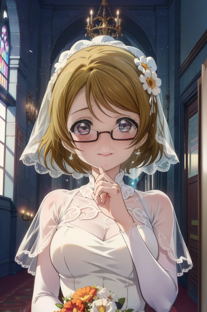 hanayo koizumi, hanayo　Koizumi, short hair, Brown Hair, Purple eyes,Big Breasts,happy smile, smile, Close your mouth,Wedding dress,Veil,bouquet,Flower storm,Black-rimmed glasses,Tears stream down her face,Tears of joy,I cry a lot,　　　　　　　　　　　　　　　　　　　　break looking at viewer, Upper Body,(Cowboy Shot:1. 5) 　　　　　　　　　　　　　　　　　　　break indoors, Chapel,church, 　　　　　　　　　　　break (masterpiece:1.2), Highest quality, High resolution, unity 8k wallpaper, (shape:0.8), (Beautiful attention to detail:1.6), Highly detailed face, Perfect lighting, Highly detailed CG, (Perfect hands, Perfect Anatomy),