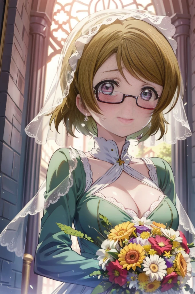 hanayo koizumi, hanayo　Koizumi, short hair, Brown Hair, Purple eyes,Big Breasts,happy smile, smile, Close your mouth,Wedding dress,Veil,bouquet,Flower storm,Black-rimmed glasses,Tears stream down her face,Tears of joy,I cry a lot,　　　　　　　　　　　　　　　　　　　　break looking at viewer, Upper Body,(Cowboy Shot:1. 5) 　　　　　　　　　　　　　　　　　　　break indoors, Chapel,church, 　　　　　　　　　　　break (masterpiece:1.2), Highest quality, High resolution, unity 8k wallpaper, (shape:0.8), (Beautiful attention to detail:1.6), Highly detailed face, Perfect lighting, Highly detailed CG, (Perfect hands, Perfect Anatomy),