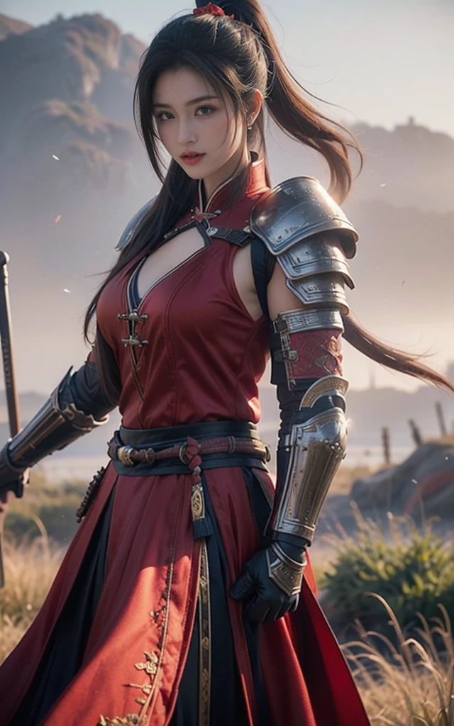 Game Art,Best picture quality,Maximum resolution,8K,(full-body shot),(Head close-up),(Rule of Thirds),Unreal Engine 5 rendering works, (Future Girl),(Female Warrior),
20-year-old girl,(A gentle smile facing the camera)(Chinese samurai),(Short ponytail hairstyle),Eyes full of details,(Large Breasts),Elegant and noble,
(Costumes with Chinese swordsman elements,figure服饰,armor,The costume is red and gold,Heavy Armor,Joint armor),(Chinese Hanfu:1.3),figure,Fantasy style,
Photo poses,Field background,light,Ray Tracing,Game CG,((3D Unreal Engine)),oc rendering reflection pattern