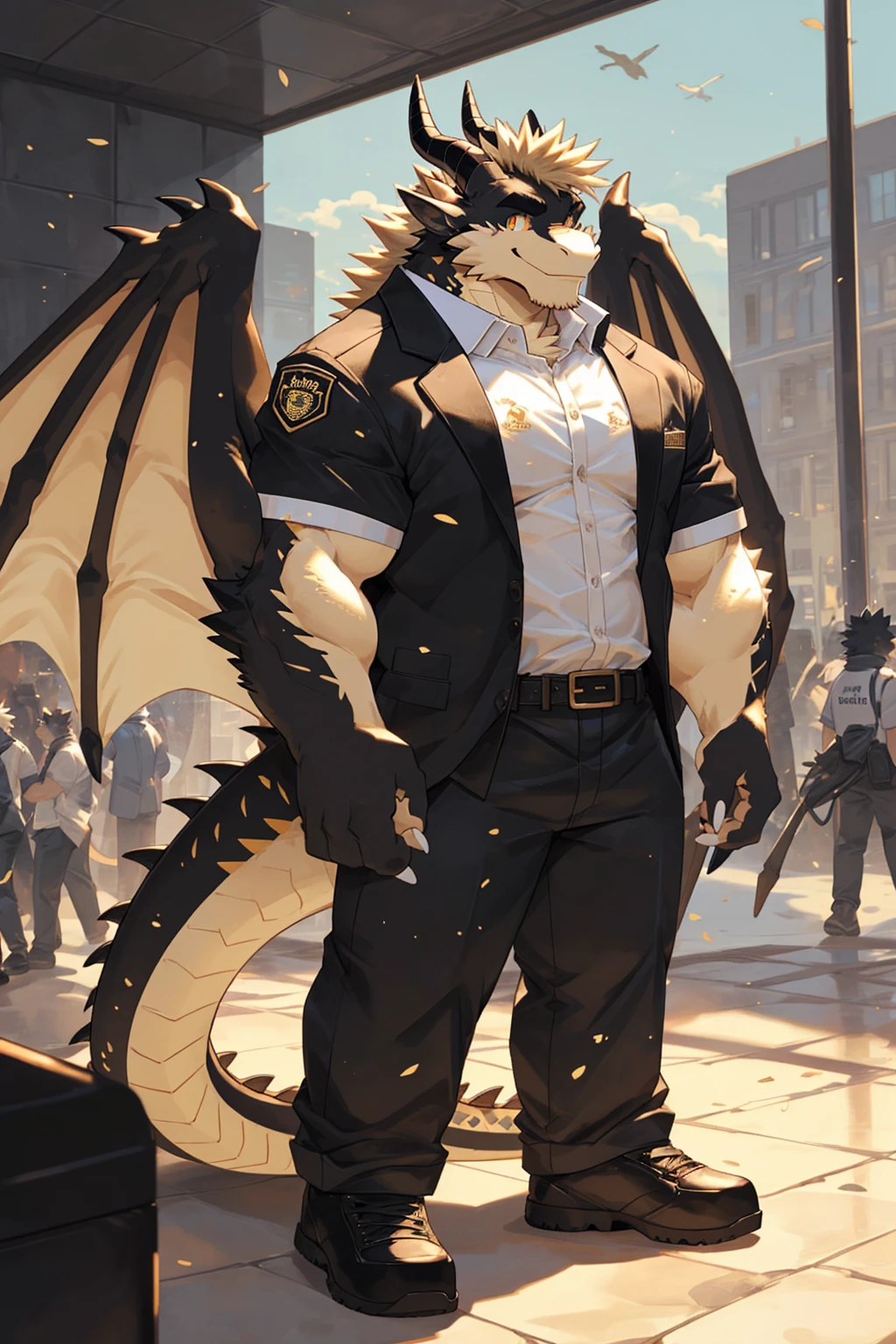 (sfw:1.5), male focus, security guard, Handsome 1boy, solitary,protrait photo, single, (Black eyebrows:1.4), (White nails, White Paws:1.4), (Light blond hair:1.5), (Black and gold dragon wings, Huge black and gold dragon wings:1.3), Black and gold skin, (Black and gold tail:1.4), (Black horn, Black curved corners:1.4), (Black body:1.4), (All black:1.4), (Pale blond chin, Pale golden neck:1.4), Pale golden chest, Light blond chest hair, (perfect golden eyes:1.4), (Black and gold scales:1.3), (Black Hands, Black Hands背, Black Hands指:1.4), (Black forehead, Black head:1.4),
Western Dragon, dragon, dragon boy, dragon body, feet, (big eyes, large eyes:1.4), (Chubby face, The body is huge, Larger face:1.3),
(Black short sleeve, White short-sleeved shirt, Black pants, Black short shoes, Black leather belt:1.4),
(full body:1.3), (Mature men:1.4), (Strong body, muscle,Strong male:1.3), (Thick arms:1.3), (Standing:1.4), (Looking at the audience, Focus, Eyes gaze:1.2), (Smile:1.4),
full background,ground, Blue sky, White Cloud, ground, School, School大门, security guard亭,
, Mysterious and romantic atmosphere, Caustic lines(refraction, polarization)Perfect anatomical structure, absurd, Detailed background, (Delicate eyes:1.3),Printing style。((artist:Takemoto Arashi))