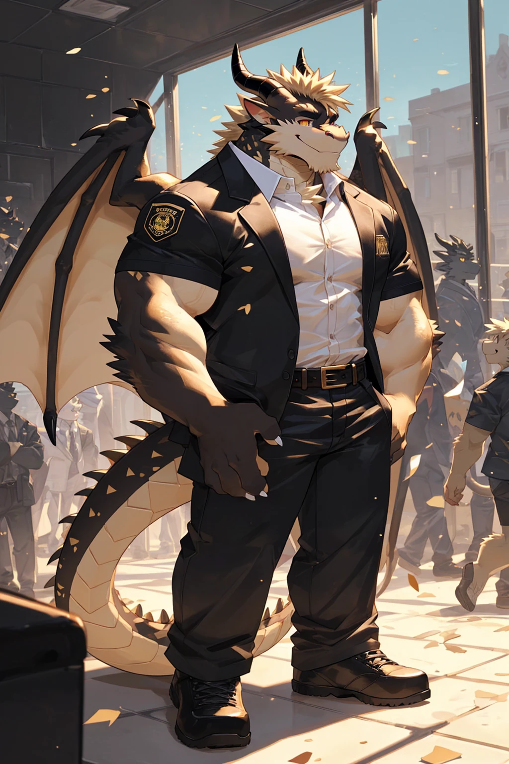 (sfw:1.5), male focus, security guard, Handsome 1boy, solitary,protrait photo, single, (Black eyebrows:1.4), (White nails, White Paws:1.4), (Light blond hair:1.5), (Black and gold dragon wings, Huge black and gold dragon wings:1.3), Black and gold skin, (Black and gold tail:1.4), (Black horn, Black curved corners:1.4), (Black body:1.4), (All black:1.4), (Pale blond chin, Pale golden neck:1.4), Pale golden chest, Light blond chest hair, (perfect golden eyes:1.4), (Black and gold scales:1.3), (Black Hands, Black Hands背, Black Hands指:1.4), (Black forehead, Black head:1.4),
Western Dragon, dragon, dragon boy, dragon body, feet, (big eyes, large eyes:1.4), (Chubby face, The body is huge, Larger face:1.3),
(Black short sleeve, White short-sleeved shirt, Black pants, Black short shoes, Black leather belt:1.4),
(full body:1.3), (Mature men:1.4), (Strong body, muscle,Strong male:1.3), (Thick arms:1.3), (Standing:1.4), (Looking at the audience, Focus, Eyes gaze:1.2), (Smile:1.4),
full background,ground, Blue sky, White Cloud, ground, School, School大门, security guard亭,
, Mysterious and romantic atmosphere, Caustic lines(refraction, polarization)Perfect anatomical structure, absurd, Detailed background, (Delicate eyes:1.3),Printing style。((artist:Takemoto Arashi))