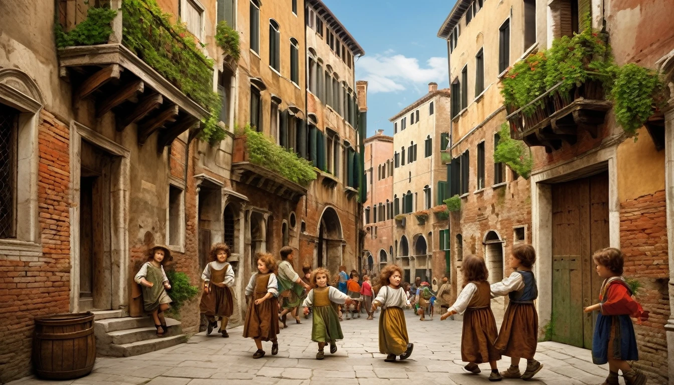 children playing in the streets of a medieval Venice. Leonardo Da Vinci STYLE