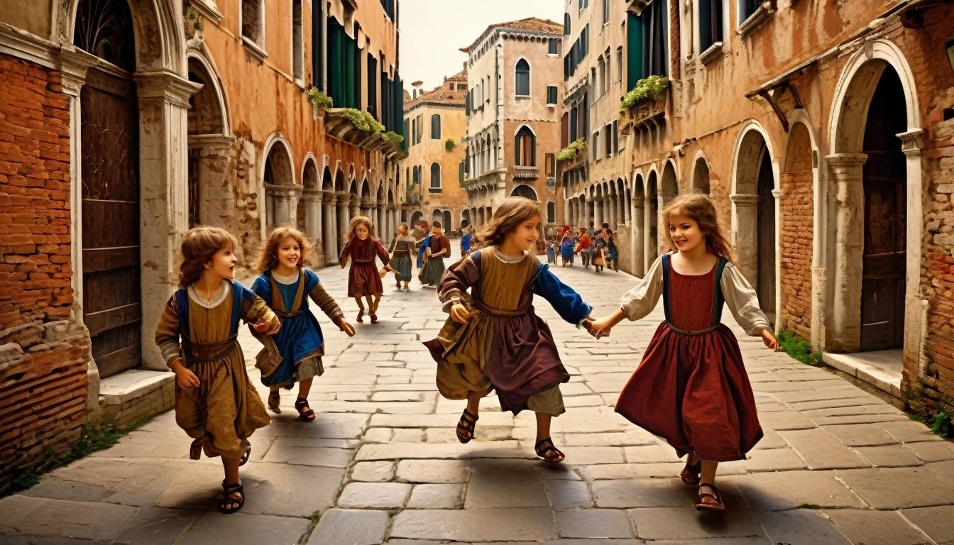children playing in the streets of a medieval Venice. Leonardo Da Vinci STYLE