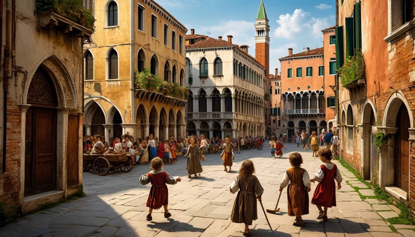 children playing in the streets of a medieval Venice. Leonardo Da Vinci STYLE