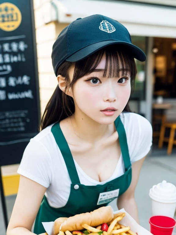 (Ultra-high resolution), (masterpiece), (Attention to detail), (high quality), (最high quality), ((Upper Body Shot)) , One Girl, Generate an image of a female employee working at an outdoor fast food stand。she、Green T-shirt, Khaki Apron, Sun visor, Wearing a name tag、Hot dogs and fries are served。In the background、wood々, Picnic table, There are colorful signs。