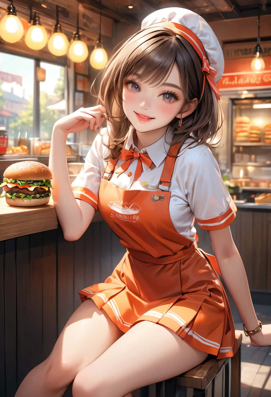 Food stall hamburger shop, a cute girl working at a Food stall hamburger shop, wearing a stylish cute hamburger shop uniform, happily making hamburger, cute Idol pose with one leg raised in a happily mood, beautiful detailed eyes, beautiful detailed lips, extremely detailed face, long eyelashes, cute and fashionable appearance, cheerful expression, energetic gestures, cozy and lovely atmosphere, (highest quality,16k,highres,masterpiece:1.2),ultra-detailed,(ultra-realistic,photo-realistic:1.37),concept art,vibrant colors,warm lighting