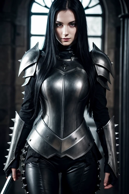 Female knight, black metal armor, full suit of black armor, spiked armor, no helmet, beautiful woman, very pale skin, long jet black hair
