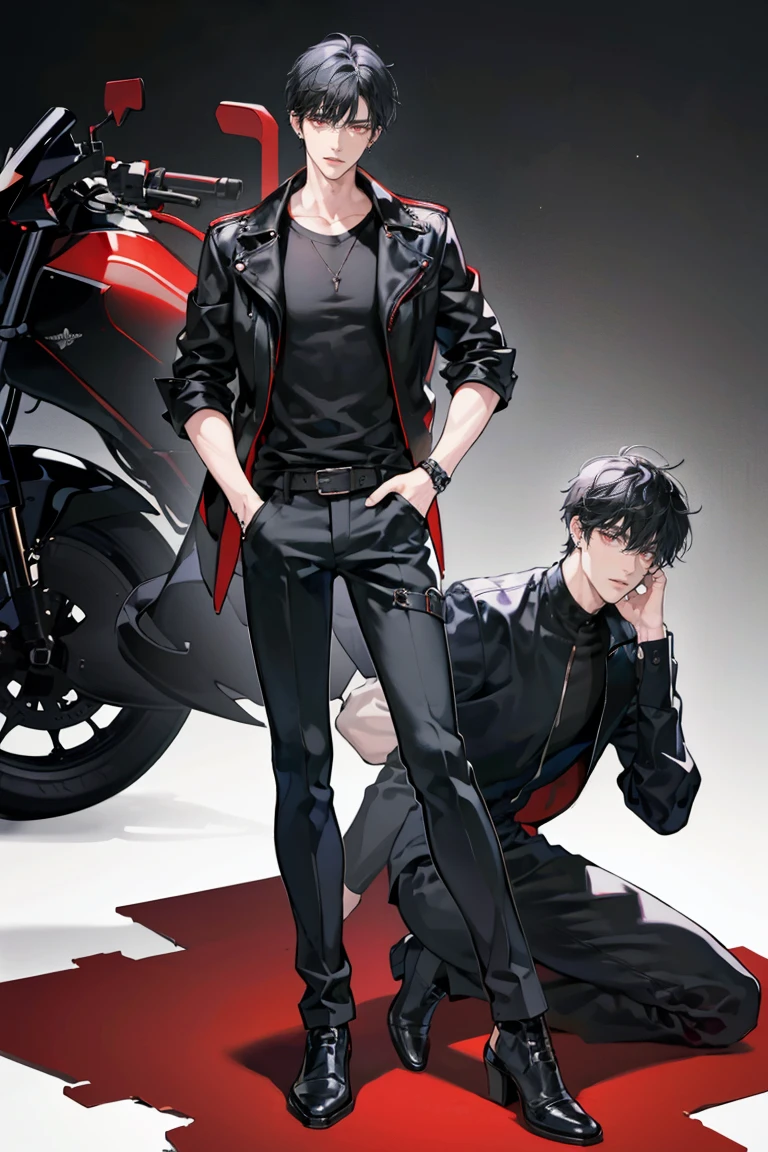 (masterpiece), best quality, seductive eyes, perfect face, handsome man, red eyes, short messy black hair, long nose, plain black t-shirt, black fitted pants, black leather jacket, full body, extremely tall man, long legs, long calves, anime cover, 1boy, ear piercings, hands in pockets, adult-like look, motorcycle 
