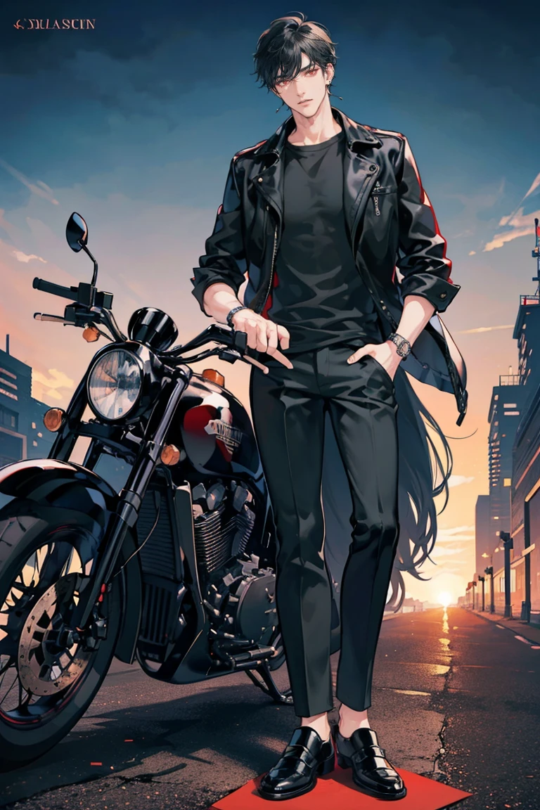 (masterpiece), best quality, seductive eyes, perfect face, handsome man, red eyes, short messy black hair, long nose, plain black t-shirt, black fitted pants, black leather jacket, full body, extremely tall man, long legs, long calves, anime cover, 1boy, ear piercings, hands in pockets, adult-like look, motorcycle 
