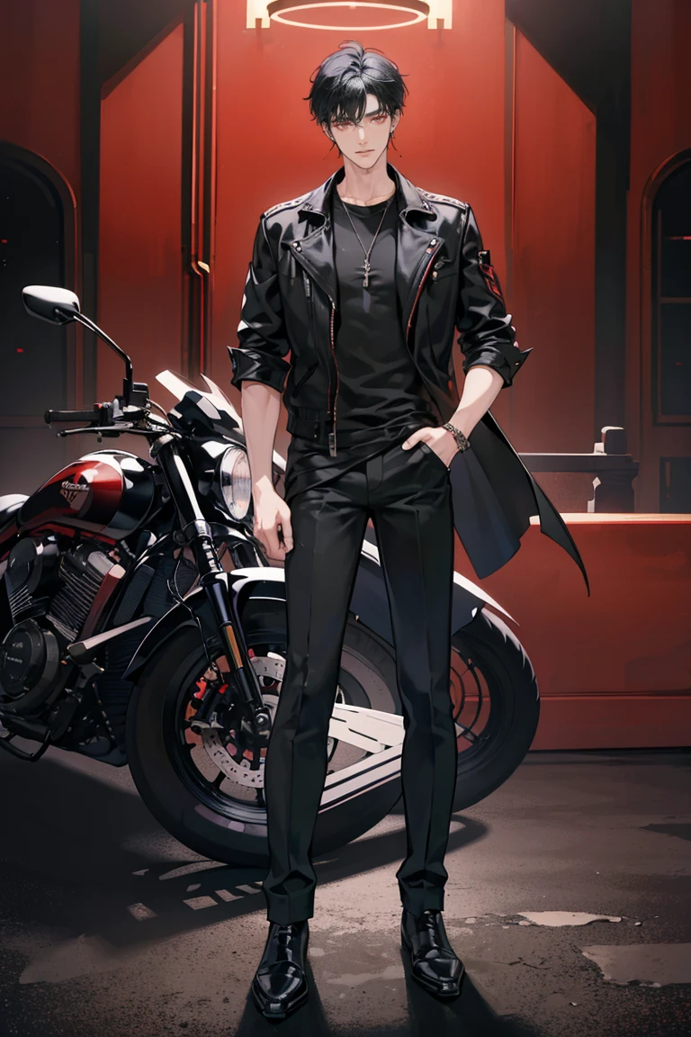 (masterpiece), best quality, seductive eyes, perfect face, handsome man, red eyes, short messy black hair, long nose, plain black t-shirt, black fitted pants, black leather jacket, full body, extremely tall man, long legs, long calves, anime cover, 1boy, ear piercings, hands in pockets, adult-like look, motorcycle