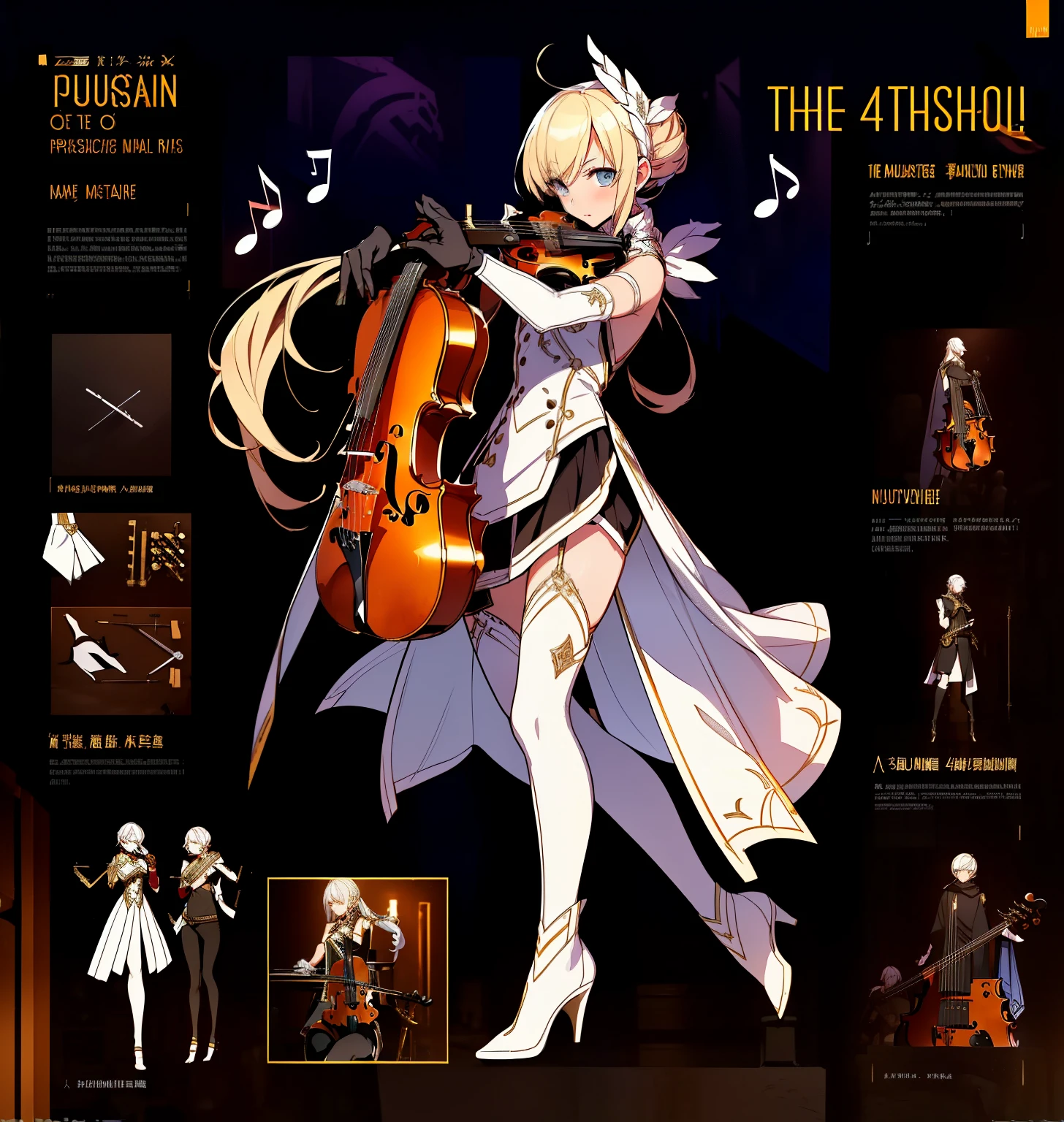 Show game characters, A female musician，(1 Girl). （gold：0.4，White：0.8）clothing, Stylish and unique, ((Displaying musical instruments:1.4)), A magical violin，不仅是演奏的masterpiece，It is also a weapon of battle, (masterpiece:1.2), (best quality), 4K, Extremely detailed, (Step-by-step design, The Art of Layout:1.5), (Luminous lighting, Atmospheric lighting), Final Fantasy Style, virtuoso，Musical notes, ((glove full hands)), Belief, (((暴露的clothing:1.3))),Exquisite playing gloves, Armored Legs, (((full_Body_shooting:1.4)))