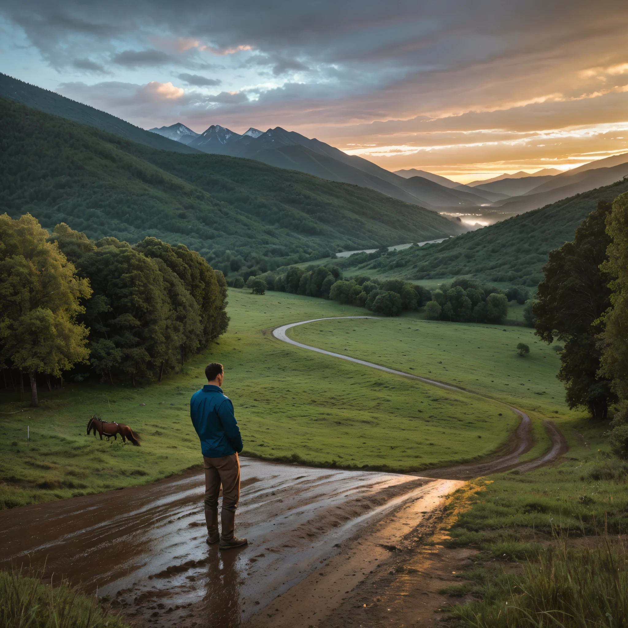 there is a man standing on a dirt road with a horse, amidst nature, hills in the background, standing in front of a mountain, around 1 , very very low quality picture, looking from side, in mountains, at evening during rain, looking away from camera, looking majestic in forest, distant full body view, with mountains in the background