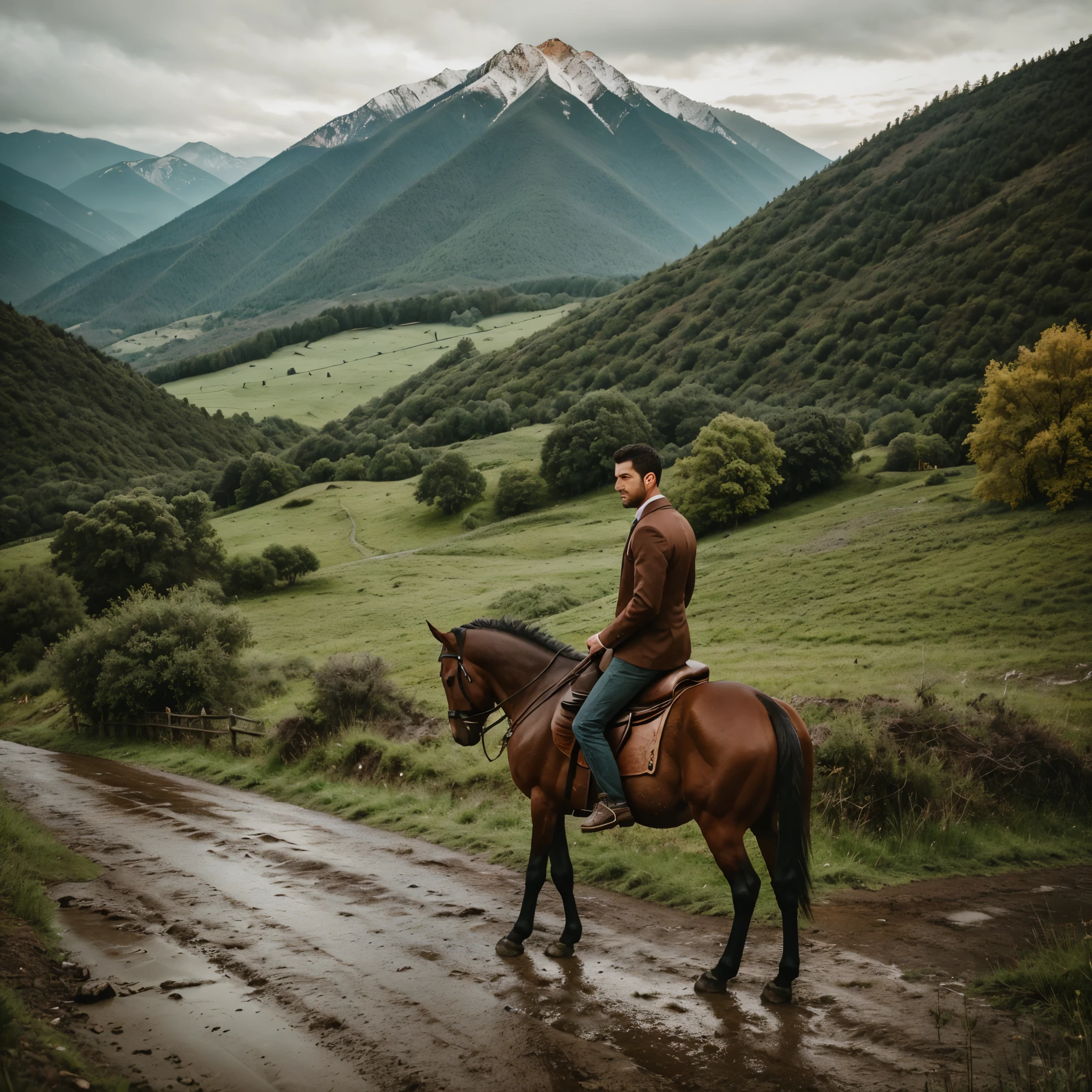 there is a man standing on a dirt road with a horse, amidst nature, hills in the background, standing in front of a mountain, around 1 9 , very very low quality picture, looking from side, in mountains, at evening during rain, looking away from camera, looking majestic in forest, distant full body view, with mountains in the background