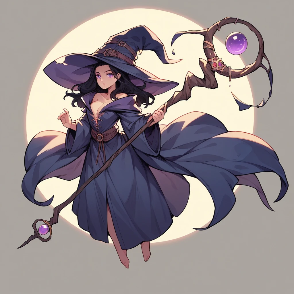 long black hair, straight hair, purple eyes, witch hat, magic staff, perfect body, sexy, full body, rpg witch, fantasy witch, wizar robe, 25 years old