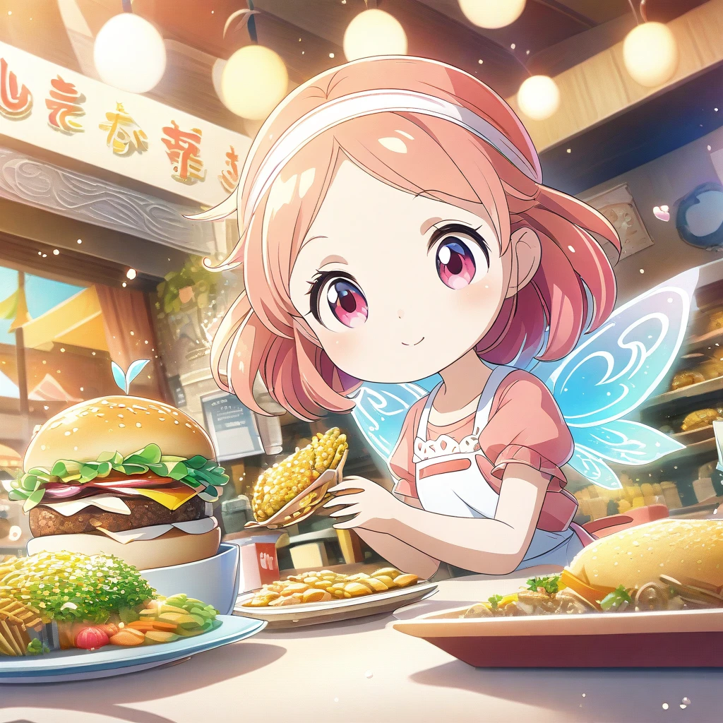 Beautiful close-up, Lovely, Hardworking and lively fast food restaurant clerk.Beautiful and textured foreground and background，detailed, bright, Animation style HD high quality presentation,（（（Romantic atmosphere）））（（（fairy tale elements）））（（（masterpiece）））， （（best quality））