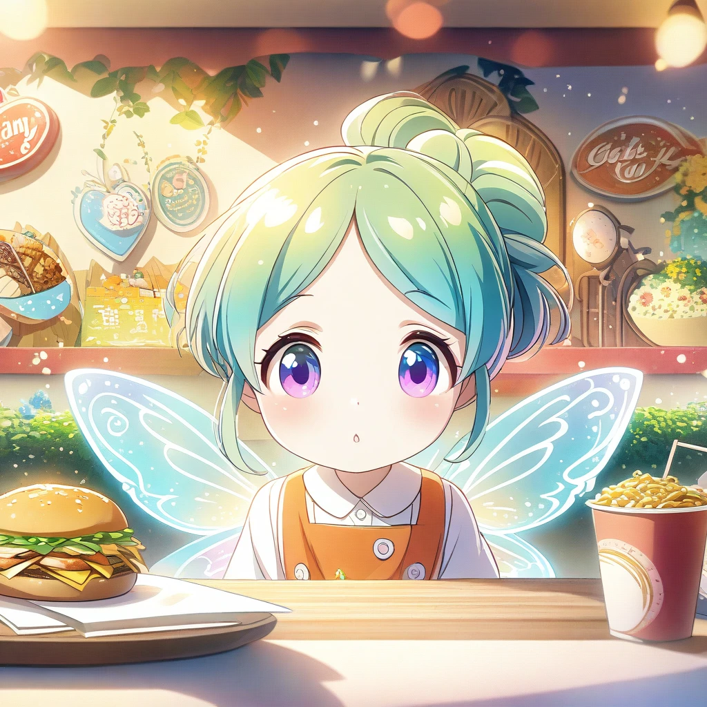 Beautiful close-up, Lovely, Hardworking and lively fast food restaurant clerk.Beautiful and textured foreground and background，detailed, bright, Animation style HD high quality presentation,（（（Romantic atmosphere）））（（（fairy tale elements）））（（（masterpiece）））， （（best quality））