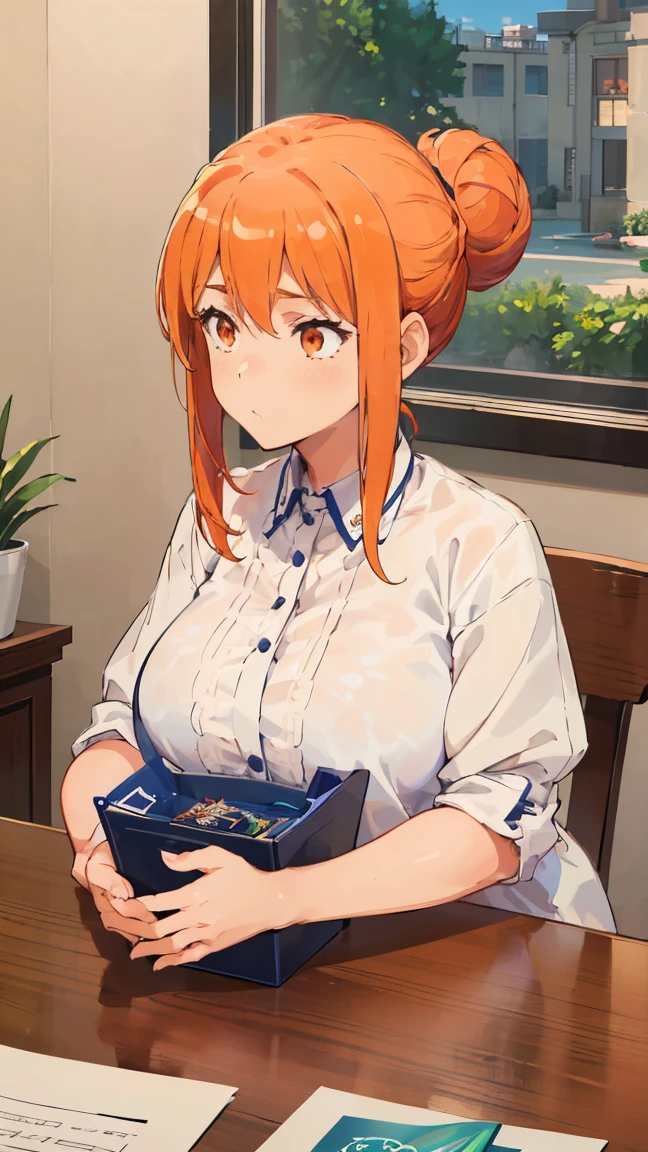 (Highest quality, 8K, masterpiece :1.3),Mrs. Yuigahama,ガハMom, As I expected, my youth romantic comedy is wrong。, One woman,Bun Hair,30 years old,Mom,Orange Hair,nsfw,Plump body,