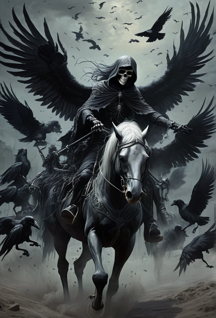 Skeleton Angel of Death, Riding a black horse, Hold and chew,A flock of crows followed., Highly detailed, dark fantasy, complex gothic elements, Mood swings, incredible light, muted color palette, movie elements, Masterpiece, realistic, There are too many details., chiaroscuro light, Stunning shadow, Dark and Moody, ominous, Premonition, Creepy, haunt