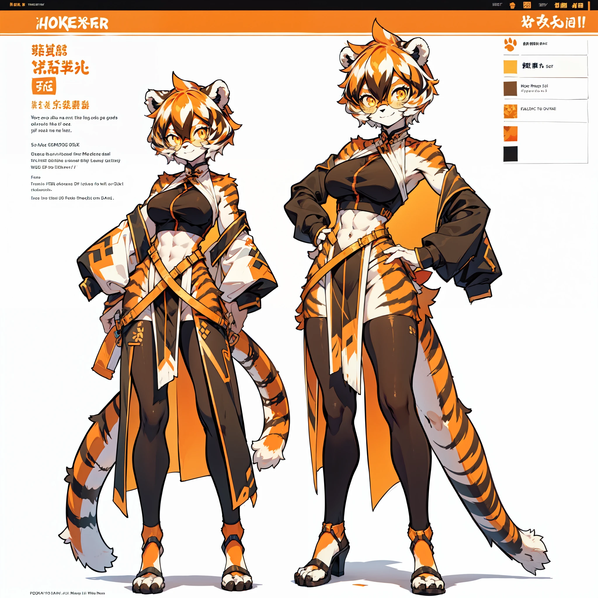 (CharacterSheet:1),(multiple views, full body, upper body, reference sheet:1),white background, full body, ((furry female:1.2)), Standing, animal ears, white hair, black hair, short hair, large breasts, muscle, tail, orange eyes, orange hair, multicolored hair, tiger girl, hair between eyes, tiger_ears, tiger_tail, orange-tinted_eyewear, tinted_eyewear, big breasts, evil smile, Shadows under feet, Abdominal muscles, (((Hooker outfit:1.2))), show body，Gold, lots of gold, gold ingots everywhere