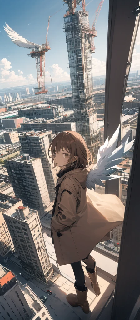 (masterpiece, best quality),from above , 1girl, solo, (feathered wings:1.2), billboard, brown eyes, brown hair, building, city, cloudy sky, coat, boots, crane \(machine\), dutch angle, from side, light frown, looking at viewer, outdoors, rooftop, sky, skyscraper