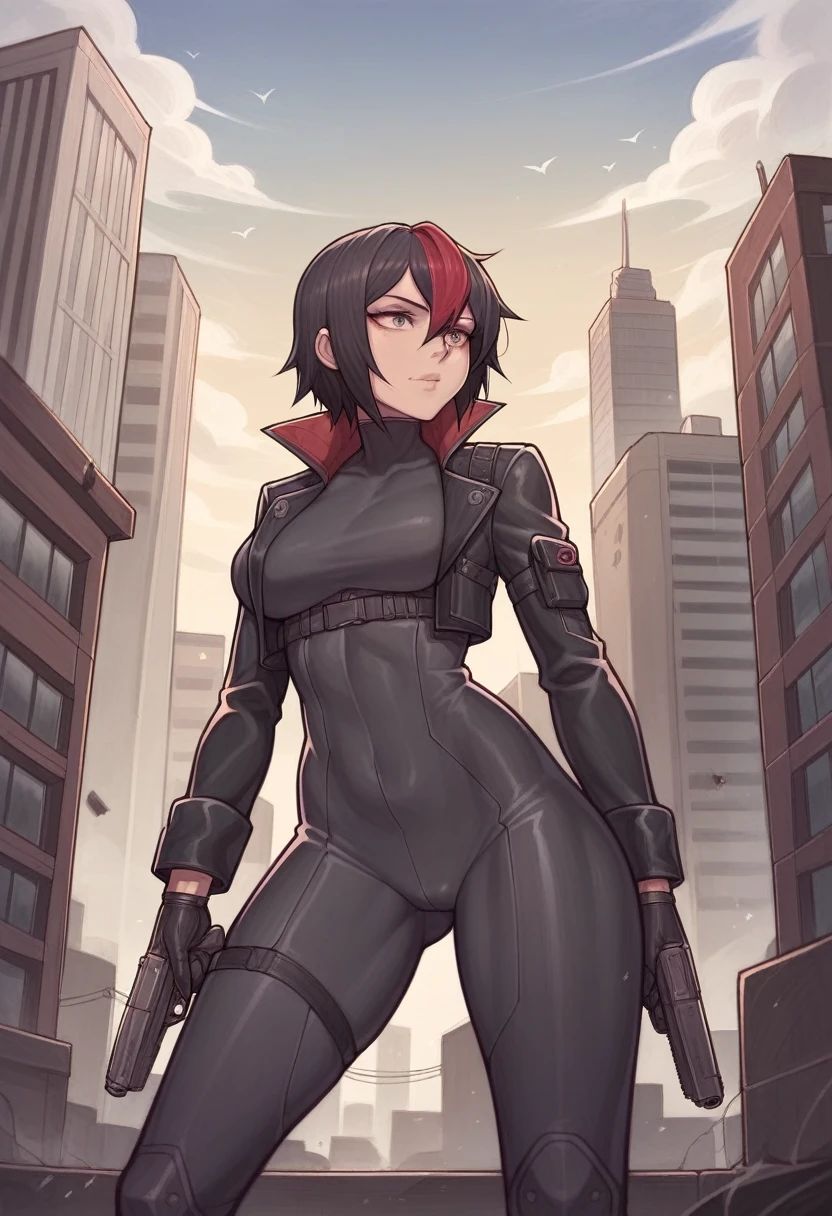 _asura style, 1girl, weapon, gun, black_hair, bodysuit, holding, multicolored_hair, red_hair, holding_weapon, handgun, holding_gun, gloves, streaked_hair, outdoors, building, black_bodysuit, city, jacket, black_gloves, sky, hair_over_one_eye, solo