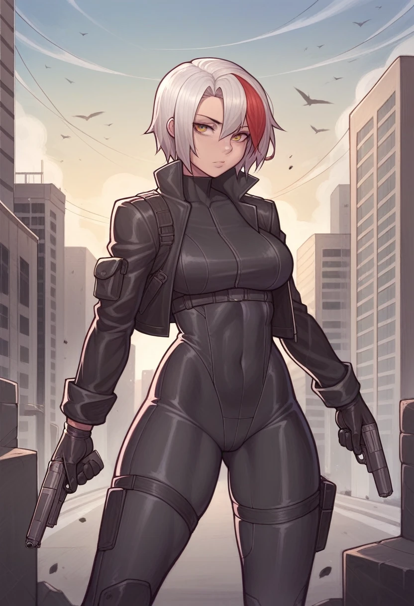 _asura style, 1girl, weapon, gun, black_hair, bodysuit, holding, multicolored_hair, red_hair, holding_weapon, handgun, holding_gun, gloves, streaked_hair, outdoors, building, black_bodysuit, city, jacket, black_gloves, sky, hair_over_one_eye, solo