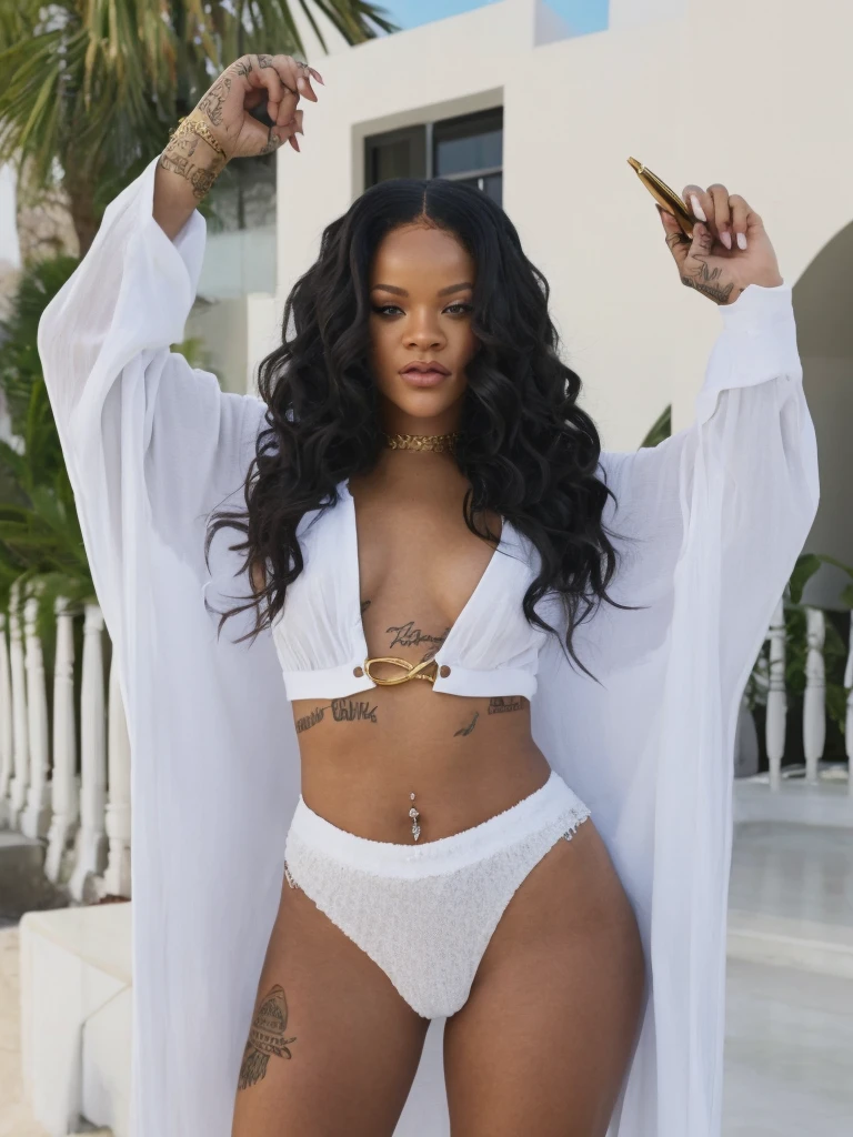 An image of the singer Rihanna posing for a photo that she is full body showing with her ripped white outfit with torn panties holding the gold and white microphone on the sides that the image is the same as the effects of Hollywood films in the image that has the same effects of the films in theaters that she is in her billion dollar mansion which is also white in the background with her beautiful and big hair and Lisa that the image is 100% real to the original, a perfect replica of Rihanna&#39;s image full of details from her toenails, from her head to her toes, Rihanna&#39;s image is a perfect replica without taking without putting it completely perfect to the extreme in high definition in HD in 8k that she is totally nude nursing can zoom in and it doesn&#39;t lose quality, on the contrary its resolution is 100% like a professional camera that takes extremely high quality photos 