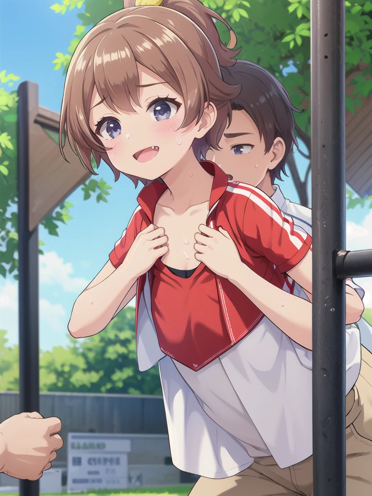 1girl,1boy,Outdoor,1girl,Track and field uniforms,Leaning forward,smile,Brown Hair, short hair, ponytail,Flat Chest,upper body,Cleavage,Sweating profusely,Chibi,1boy,white face,black hair,white skinned,young aged man,face to her chest,{{{man suck her chest, man lick her chest}}}, tongue touch her chest