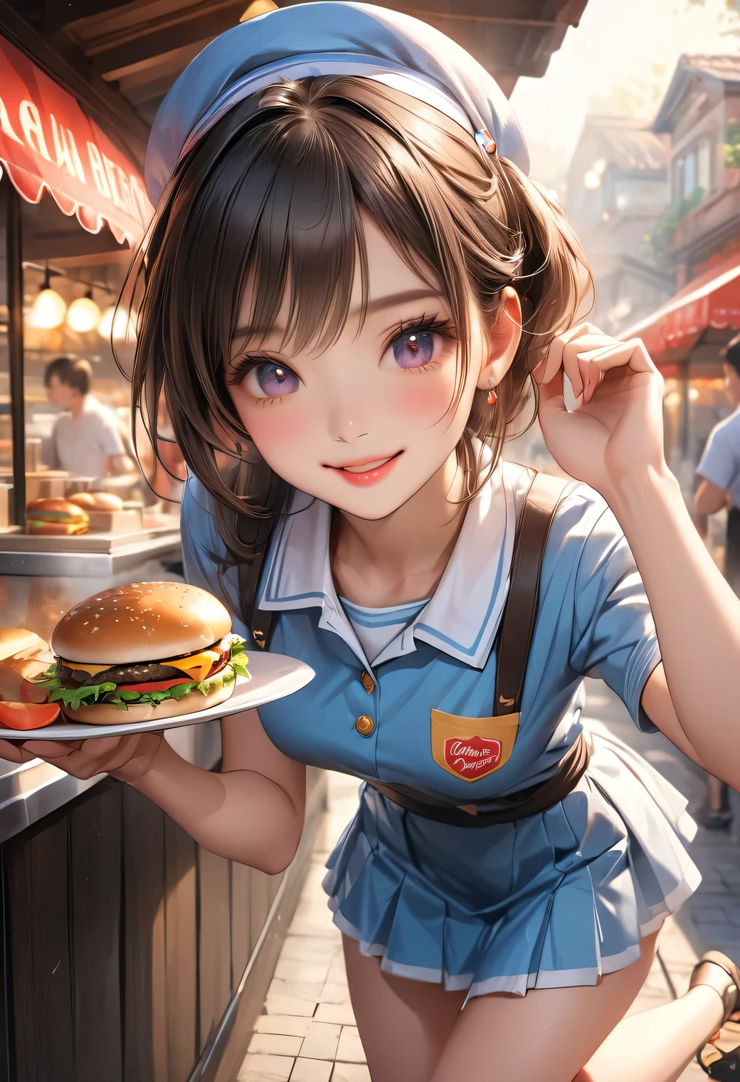 Food stall hamburger shop, a cute girl working at a Food stall hamburger shop,  wearing a stylish cute hamburger shop uniform, happily making hamburger, holding a plate with a hamburger in one hand, cute  acrobatic idol pose with one leg raised in a happily mood, beautiful detailed eyes, beautiful detailed lips, extremely detailed face, long eyelashes, cute and fashionable appearance, cheerful expression, energetic gestures, cozy and lovely atmosphere, (highest quality,16k,highres,masterpiece:1.2),ultra-detailed,(ultra-realistic,photo-realistic:1.37),concept art,vibrant colors,warm lighting