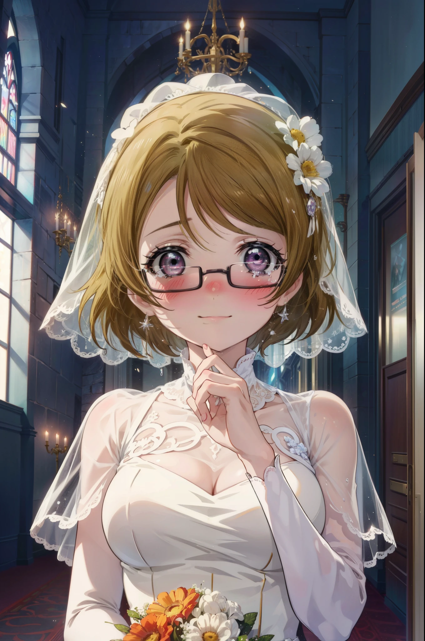 hanayo koizumi, hanayo　Koizumi, short hair, Brown Hair, Purple eyes,Big Breasts,happy smile, smile, Close your mouth,Wedding dress,Veil,bouquet,Flower storm,Black-rimmed glasses,Tears stream down her face,Tears of joy,I cry a lot,　　　　　　　　　　　　　　　　　　　　break looking at viewer, Upper Body,(Cowboy Shot:1. 5) 　　　　　　　　　　　　　　　　　　　break indoors, Chapel,church, 　　　　　　　　　　　break (masterpiece:1.2), Highest quality, High resolution, unity 8k wallpaper, (shape:0.8), (Beautiful attention to detail:1.6), Highly detailed face, Perfect lighting, Highly detailed CG, (Perfect hands, Perfect Anatomy),