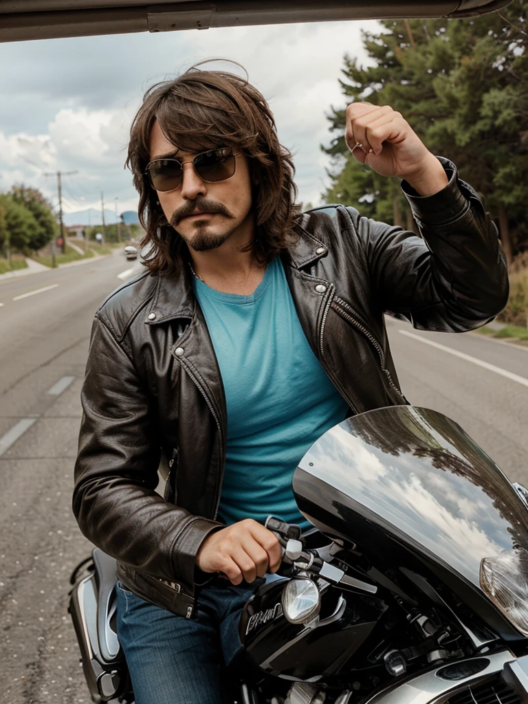 The trans man is riding a motorcycle, looking cool and confident. His fluffy, wavy brown hair with bangs blows in the wind. He's wearing sunglasses and a leather jacket, with a small beard and mustache. He exudes a sense of power and confidence as he cruises along the road, enjoying the wind in his face and the freedom of the open road
