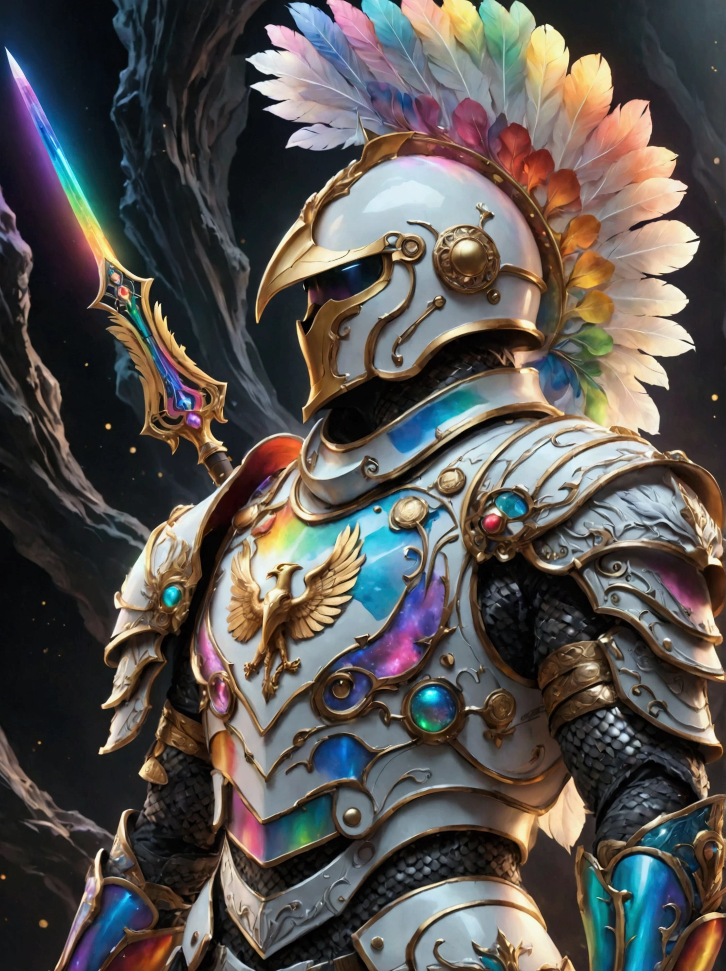 Imagine a futuristic warrior from a highly advanced pseudo-medieval universe. The warrior is armored in a power suit with features of Roman Centurions. The suit has a predominantly white color but is adorned with hues of vibrant rainbow colors, symbolizing inclusivity. Details include a helmet with a plume, a chainmail skirt, pauldrons with imperial eagles, and a power backpack shaped like an upside-down 'T'. The warrior is holding a futuristic version of a bolter gun in one hand and a power sword in the other hand, both decorated in the same vibrant colors