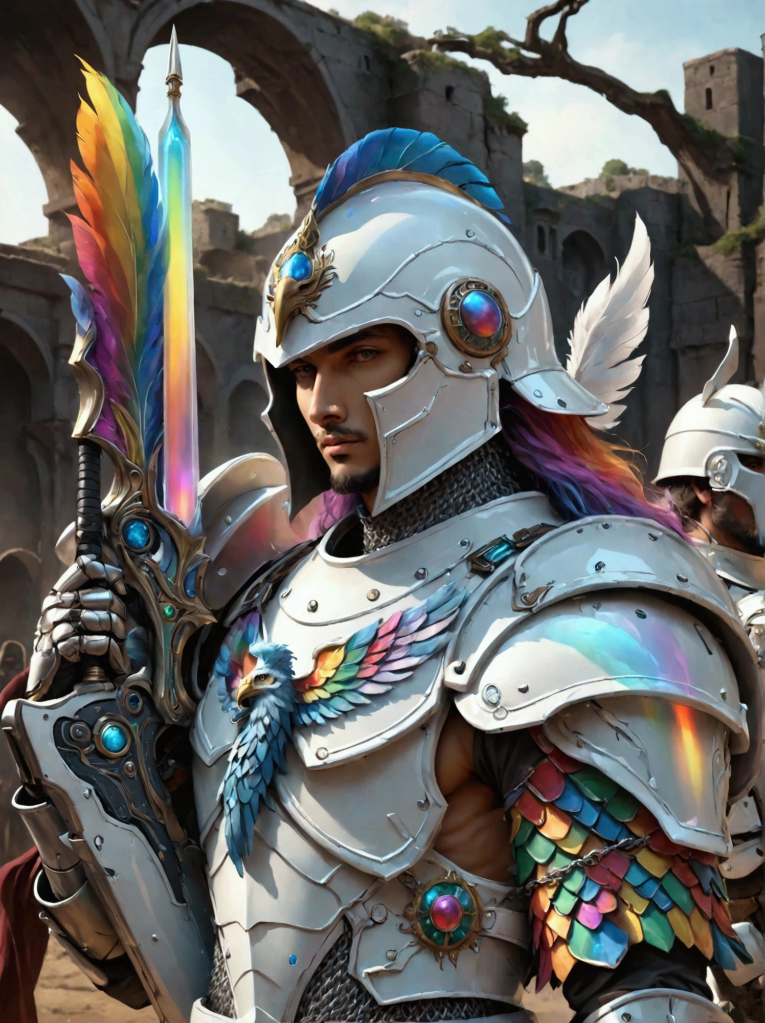 Imagine a futuristic warrior from a highly advanced pseudo-medieval universe. The warrior is armored in a power suit with features of Roman Centurions. The suit has a predominantly white color but is adorned with hues of vibrant rainbow colors, symbolizing inclusivity. Details include a helmet with a plume, a chainmail skirt, pauldrons with imperial eagles, and a power backpack shaped like an upside-down 'T'. The warrior is holding a futuristic version of a bolter gun in one hand and a power sword in the other hand, both decorated in the same vibrant colors